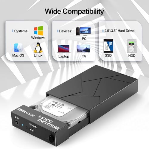 Image of Sounce Type C Hard Drive Enclosure, External Hard Drive Docking Station for 3.5 /2.5 Inch SATA Hard Drives /SSD with 16 TB+, Tool-Free HDD Enclosure 12V /2A Power Supply UASP (Black)