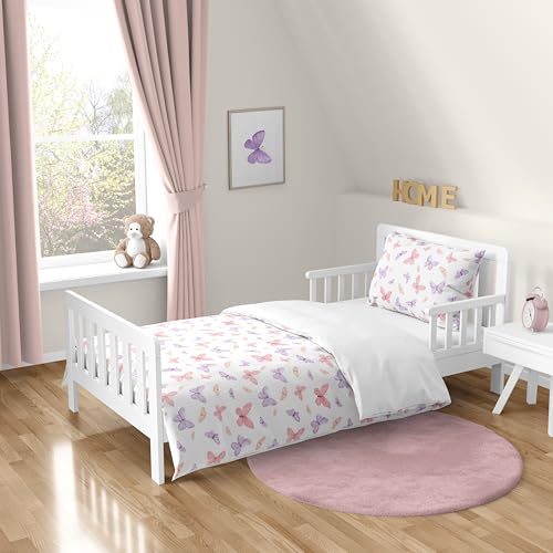 Image of Sweet Jojo Designs Pink /Purple Shabby Chic Butterfly Girl Toddler Bedding Set - Kids, Children 5 Piece Bed in a Bag with Comforter Blanket, Pillowcase Sham and Sheets - Colorful, Butterflies, Pastel