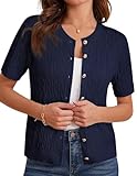 GRACE KARIN Navy Blue Short Sleeve Sweater Summer Button Up Cable Knit Cardigan Open Front Work Cardigan Jacket XL