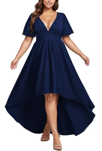 Image of Elegant Dresses Formal Evening Cocktail Long Maxi Wedding Party Dress Sexy V Neck Ruffle Sleeve Hi Low Flowy Gowns