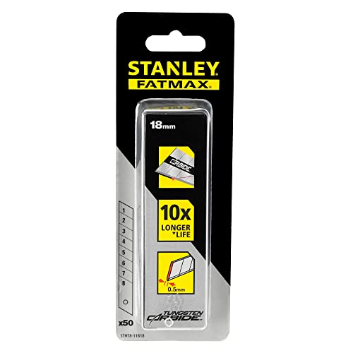 Stanley FatMax Pro Carbide Abbrechklingen STHT8-11818 (18mm, Ersatzklingen für Cuttermesser, langlebige wolframcarbid-beschichtete Schneidkante, ideal zum Schneiden von Karton & Kunststoff, 50 Stück)