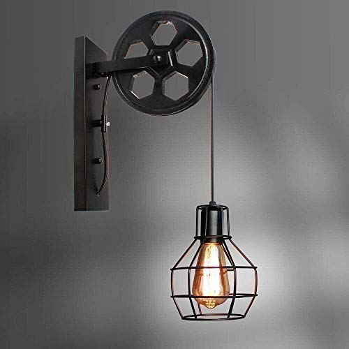 Aplique negro industrial de hierro con polea de elevación para iluminación interior retro 5