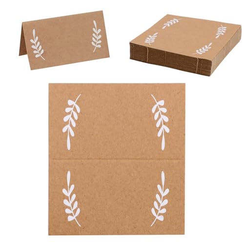 Brown Wedding Name Place Cards, 50pcs Recycled Wooden Kraft Paper Cards Set 9x10cm Double Sided with Leaves Card Tags for Weddings Birthday Dinner Party Table Seating Number & Name Signs Decoration