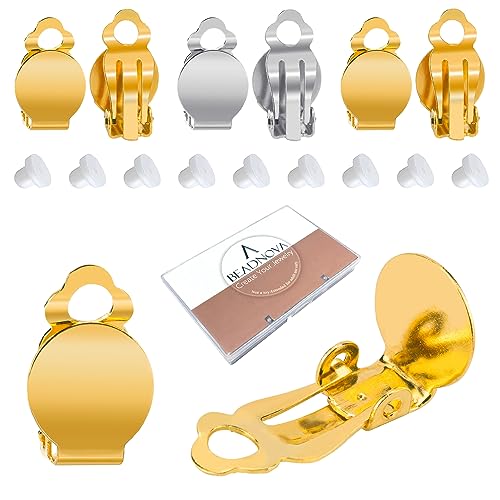 BEADNOVA Clip on Earring Findings 24 Pcs Flat Tray Earring Clips Round Flat Tray Earing Clasps with Pads for Jewelry Making Craft Non Piercing Ears (Gold and Silver Colors)