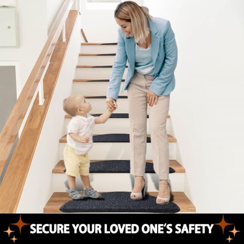 Qingbei Rina Stair Treads Carpet Non Slip,15 Packs|22 x 65cm Stair Pads Mat Rug with Safety Adhesive,Indoor Stair Runner Protector for Wooden Steps Staircase Floor(Blackgrey) - Image 4