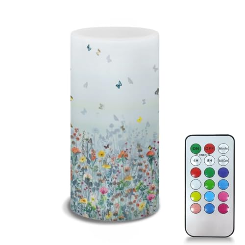 Image of Flameless Led Candle Auto-Moving Wick Votive Tealights Realistic Pillar Candle with Remote 4H 8H Timer Color Changing for Home Table Centerpiece Decoration, Flower Butterfly Blue