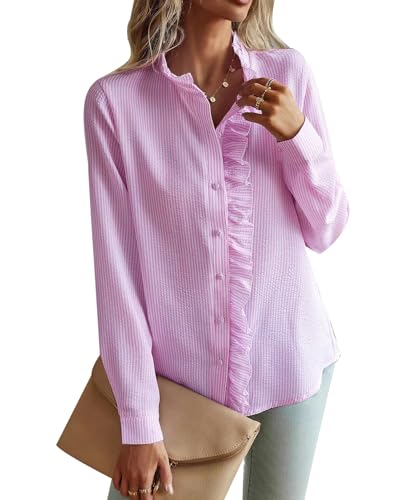 Image of MINTLIMIT Womens Long Sleeve Button Down Shirt Ruffled Stand Collar Casual Blouses Top 2025