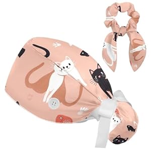 White Black Brown Cats (1) Working Cap with Buttonsï¼Adjustable Surgical Scrub Cap with Bow Hair Scrunchy for Woman