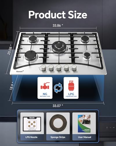 Image of Ranein 34 Inch 5 Burner Gas Cooktop, NG /LPG Convertible Gas Stove Top, 304 Stainless Steel with Thermocouple Flameout Protection for Kitchens, Apartments, RVs