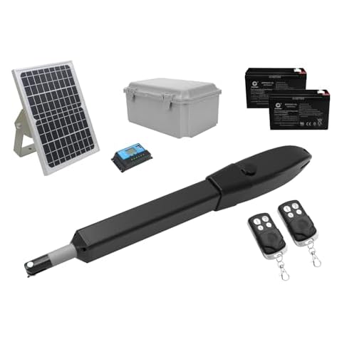 JUJIANG C026 Solar Gate Opener with Batteries & Solar Panel for Single Swing Gates Up to 770lb Automatic Gate Openers with Remote Complete Kit Medium Duty Automatic Gate Openers Solar Powered Cover
