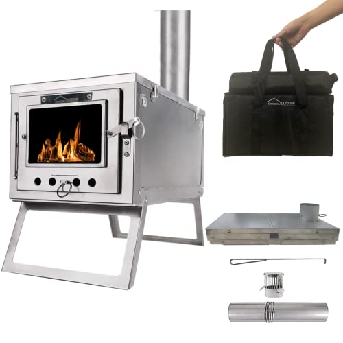 DANCHEL OUTDOOR S6 Portable Hot Tent Stove 304 Stainless Steel 6.6LB Small Folding Wood Stove with 7.2ft Chimney Pipes for Backpacking Winter Camping Cooking