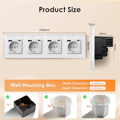 BSEED Schuko Steckdose mit USB C 20W Schnellladeger&auml;t USB Type C Wandsteckdose mit Glas Panel, 4 Fach Steckdose, USB Steckdose Unterputz, Einbausteckdose Geeignet f&uuml;r Phone, Pad, MP3 und mehr-Wei&szlig;