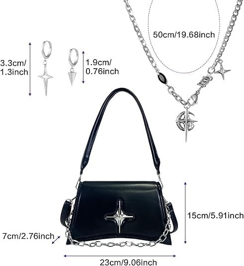 Shoulder Bag for Women, Y2k Purse Matching Silver Star Pattern with Rave Earrings, Y2K Star Necklace Accessories Set, Vegan Leather Hobo Handbags, Gothic Grunge Punk Style for Women2
