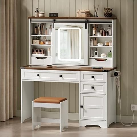 RALGEND Vanity Desk with Sliding Mirror and Lights, Makeup Vanity with Upholstered Stool, Vanity Desk with Drawers and Storage Cabinet, Vanity Table and Stool Set, for Bedroom, White and Walnut Cover