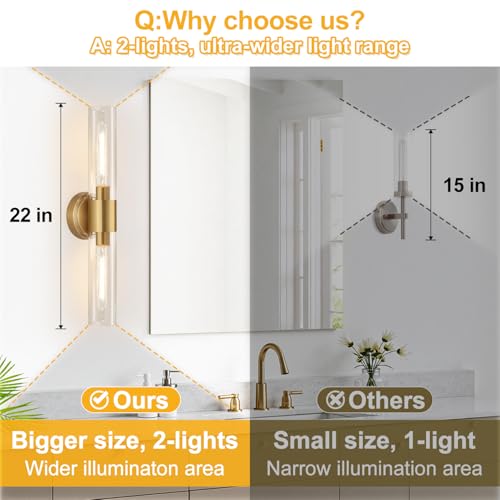 Image of Wall Sconces Set of Two, Brushed Gold Bathroom Sconces Wall Lighting with Clear Glass, Hardwired Modern Sconces Wall Decor Set of 2 for Bathroom Mirror Bedroom Living Room Hallway