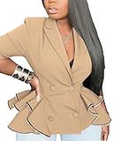 DINGANG Casual Blazers for Women Long Sleeve Double Breasted Ruffle Hem Crooped Fitted Suit Blazer Jacket Khaki