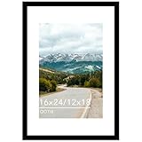 QOTIB Wood 16x24 Picture Frame with 12x18 Mat Black, Display 12x18 with Mat or 16x24 Without Mat, Wood 16 by 24 Photo Frame, 16 x 24 Frame for Wall Hanging Display, Black