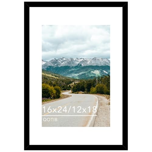 QOTIB Wood 16x24 Picture Frame with 12x18 Mat Black, Display 12x18 with Mat or 16x24 Without Mat, Wood 16 by 24 Photo Frame, 16 x 24 Frame for Wall Hanging Display, Black