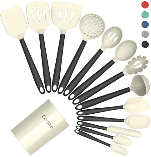 Coukre Silicone Kitchen Cooking Utensils Set with Holder  Heat-Resistant, Food-Grade Kitchen Tools, Spatula, Spoon & Gadgets for Non-Stick Pans, Dishwasher Safe (14, Beige)
