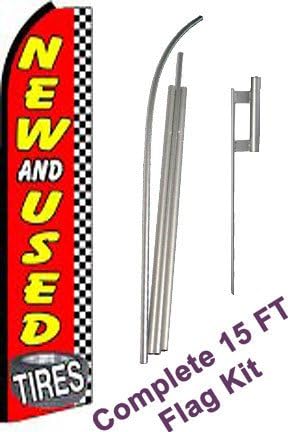 NEOPlex - "New & Used Tires Checkered" Complete Flag Kit - Includes 12' Swooper Feather Business Flag With 15-foot Anodized Aluminum Flagpole AND Ground Spike
