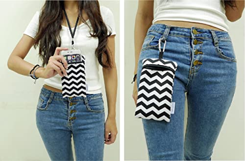 Image of Neoprene Neck Phone Sleeve Bag Pouch w / Clip (Black White Chevron Pattern)
