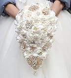 Mhojpik Luxury Cascade Bridal Wedding Bouquet Satin Rose Waterfall Holding Bouquet Artificial Flower Bunch for Bride Bridesmaid(Ivory, 17.3' x 8.7')