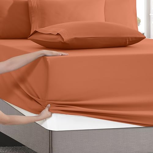 Image of Mocassi Luxury 6-Piece Sheet Set, Ultra Soft 1800 Premium Hotel Quality Microfiber Sheet Set, Fits Mattresses Up to 18 to 24 Inches Extra Deep Pocket - Breathable and Secure Fit, Cal King, Coral