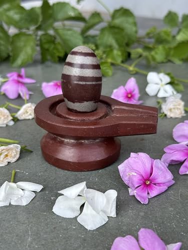 Image of Shivam VASTU AKAL 1.5 inch Original Narmadeshwar Narmada Shivling with 3 inch Narmada Stone Yoni Base Jaladhari (Janeudhari Shivling, Brown Damru Jaladhari)