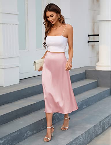 Aiswi Women's 2023 Satin Midi Skirt Summer High Waist Silk A-Line Swing Skirt Elegant Casual, Pink, Large #TOP4