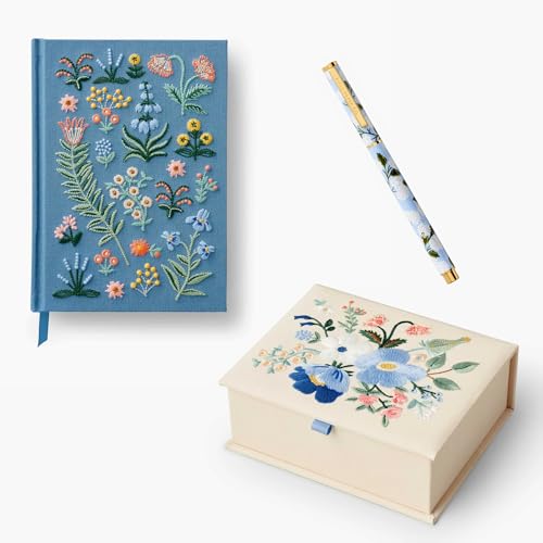 RIFLE PAPER CO. Menagerie Garden Embroidered Journal, Garden Party Blue Medium Embroidered Keepsake Box, and Hydrangea Writing Pen Bundle