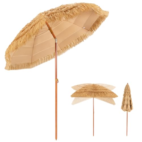 DREAMADE Parasol de Paille Inclinable, Parapluie de Plage Pliable 200cm pour Bloquer le Soleil, Parasol de Jardin Extérieur pour Plage, Jardin, Terrasse
