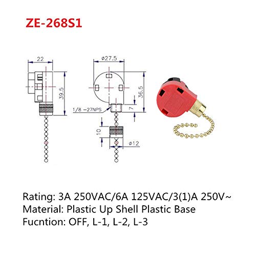 Image of ZE-268S1 Ceiling Fan Switch Zing Ear 3 Speed 4 Wire Pull Chain Control Replacement for Fans, Wall Lamps, Cabinet Light, Brass 2PCS