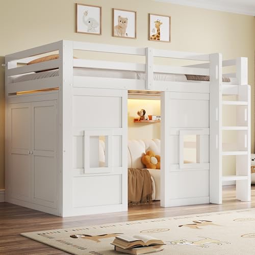 Yihomfy Lit Mezzanine 90x200 cm en Bois Massif avec Armoire Intégrée, 2 Fenêtres et LED - Design Chambre Enfant, Blanc (90cm*200cm)