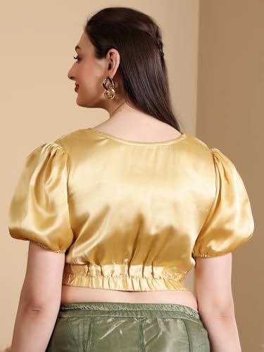 Image of Frolic Rolic Premium Silk V-Neck Blouse Readymade Saree Blouse - Designer Puff Sleeve Blouse for Wedding