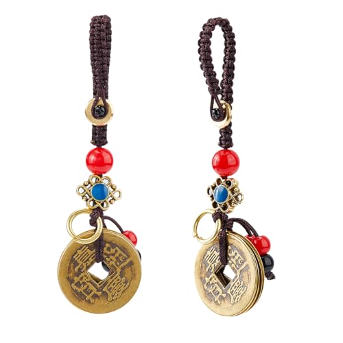 SUPERFINDINGS 2 portachiavi con Moneta Feng Shui, Portachiavi con Monete Portafortuna Cinesi, Portachiavi con Cordino Marrone con Cinque Imperatori, Ciondoli Portafortuna. 11.3cm