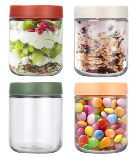 Cotepi 4 Piezas 500 ML Tarros de Avena Durante la Noche,Vasos Yogurtera con Tapa,para Preparación de Comidas Tarros Herméticos (4 Colores)