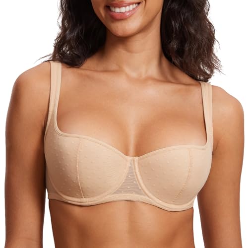 DOBREVA Women's Balconette Bra Lightly Padded Plus Size Sexy Mesh Demi Underwire Bras Wide Cushioned Straps