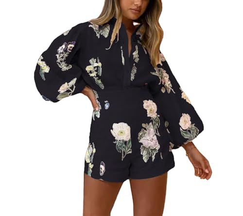 Image of Molilove Womens 2 Piece Outfit Hawaiian Long Sleeve Button Down Shirt Shorts Tracksuit Lounge Set Shorts Set