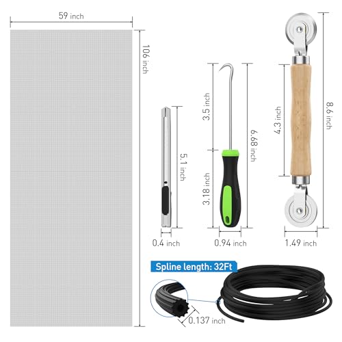 Window Screen Replacement Kit, 59"x106" Window Screen Mesh with 32Ft Spline/Rolling Tool/Hook/Cutter, 5-in-1 Window Screen Repair Kit for Window and Screen Door