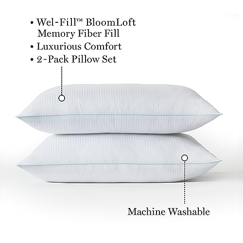 Martha Stewart Down Alternative Bed Queen Pillows Set Of 2, Cooling Hotel Pillow, Memory Foam-Like Fiber Fill, Premium Side Sleeper Pillows For Adults, Pressure Relieving, Dobby Stripe, White #TOP1