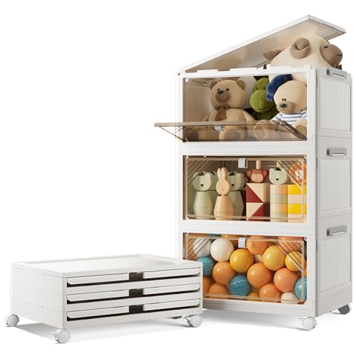 50L*3 Tier Stackable Storage Boxes with Lid, Flip-Door Plastic Storage Boxes on Wheels, Foldable Collapsible Plastic Drawers Folding Bins Containers for Home Wardrobe Office Organisation