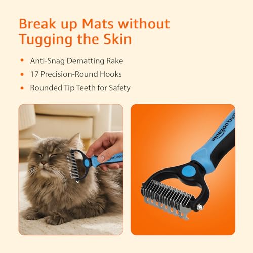 Image of Amazon Basics, Deshedding Tool with Rake for Pet Dog Grooming | Dematting Tool | Removes Loose Hair, Mats, Tangles, and Dirt | Suitable for All Dog Breeds | Large Blade