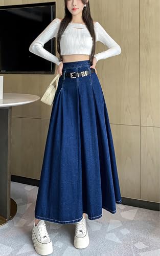 ebossy Women's Belted High Waist Zipper Pleats A-Line Flare Maxi Long Denim Jean Skirts4