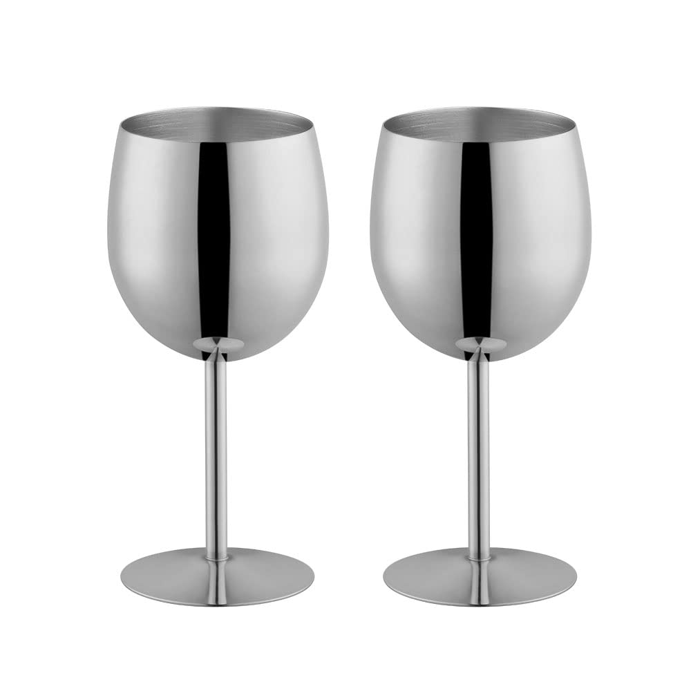 BISDARUN White Wine Glasses Set of 2 Red Wine Goblets 18/8 Stainless Steel 350ml Metal Goblet Glasses for Cocktail Champagne Whiskey Beer (Silver)