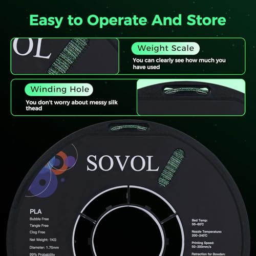Image of Sovol 3D Printer Luminous Filament, Glow in The Dark PLA 1kg (2.2 lbs) Spool 3D Printing Materials, Dimensional Accuracy + /- 0.03 mm, 1.75 mm, Shiny Green