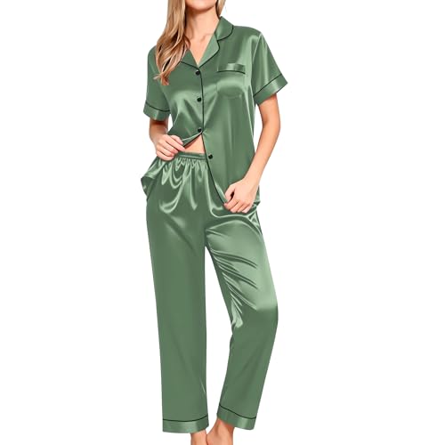 Image of SWOMOG Women Satin Pajamas Set Short Sleeve Top & Pants Sleepwear Silky Button Down Nightwear 2pcs Loungewear Pjs Set