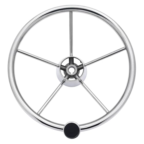 KAOLALI Bootslenkrad Steuerrad 5 Speichen 13,5 Zoll, Boots-Lenkräder aus Edelstahl mit schwarzer Kappe und Knopf für Pontonboot, Yacht Universal