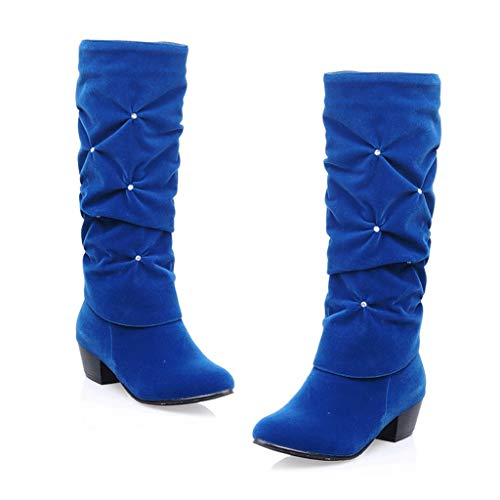 MIOKE Women's Fashion Slouch Mid Calf Riding Boots With Rhinestone Round Toe Suede Cozy Low Heel Dress Boots