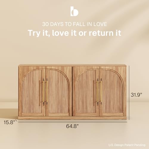 Image of BELLEZE Set of 2 65 inch Sideboard Cabinet with Double-Arc Wood Doors, Large Buffet Cabinet with Storage and Adjustable Shelves, Classic Modern Console Sideboard for Living Room Kitchen Entryway (Camel)