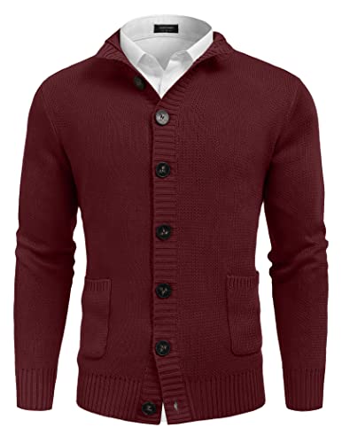 Coofandy Mens Cardigan Sweater Stand Collar Cardigans Casual Button Down Knitted Sweaters With Pockets Wine Red #TOP13